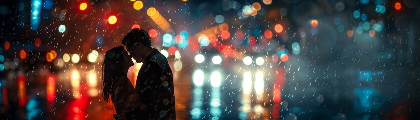 Obraz na płótnie Canvas Intimate moment, couple dancing in the rain, city lights blur around them.