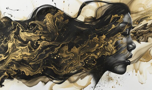 Abstract background with fusion of black and gold in a fluid pattern create a female face silhouette,  ideal for contemporary art themes and wall art.