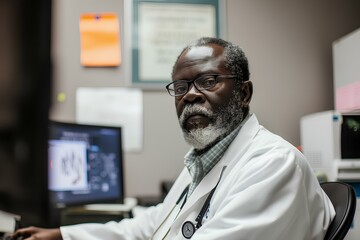 A competent and elderly black doctor with a long career looking at a computer monitor in his office. generative AI