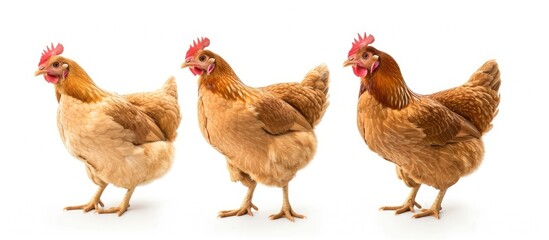 A group of three hens standing side by side, isolated on a white background.