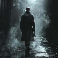 Noir detective lurked in shadowy alley, rain-soaked, as mystery slowly unraveled. - obrazy, fototapety, plakaty