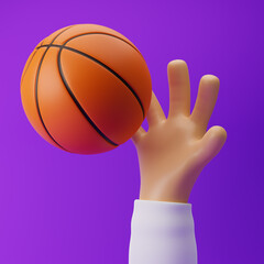Cartoon hand catching basketball isolated over purple background. 3D rendering.
