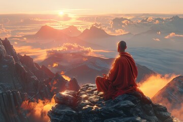 Solitary monk on mountain peak, sunrise meditation, spiritual awakening. - obrazy, fototapety, plakaty