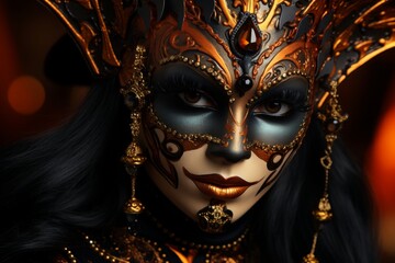 Close-up of a girl's face in a dark venetian mask