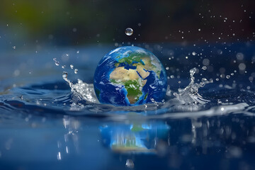 Earth globe with water splash on blue ripple background. World Water Day, Mother Earth day. Save water and conservation concept. Environmental problems and protection. Caring for nature and ecology