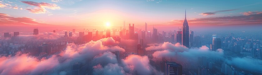 Surreal scene, city floating in the clouds, peaceful yet bustling