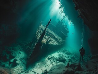 In the underwater scene, a diver uncovers an ancient sunken ship, surrounded by a mysterious aura.