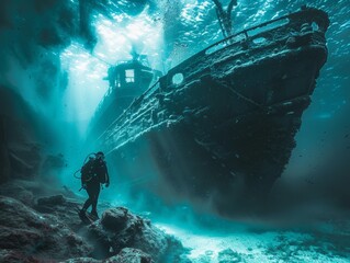 Fototapeta premium Exploring an underwater scene, a diver uncovers an ancient sunken ship enveloped in a mysterious aura.