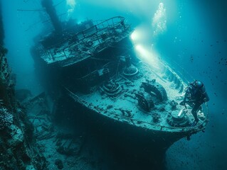 Diver explores ancient sunken ship in eerie underwater scene with a mysterious aura.