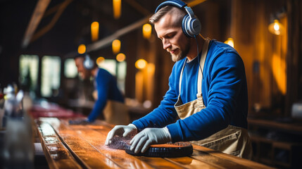 cleaning, housework and housekeeping concept - man in headphones - obrazy, fototapety, plakaty