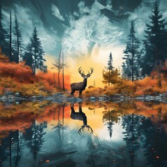 Colorful scenery of nature. Deer illustration. Wall art. Home decor  ai generated 