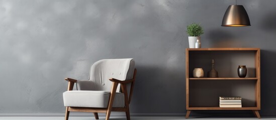A grey living room adorned with an armchair, a bookshelf, a lamp, a wooden drawer filled with books and decorations, a concrete floor, and a blank canvas frame on a grey wall.