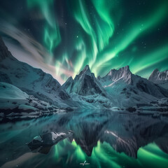 Majestic Northern Lights Over Snowy Mountain Peaks