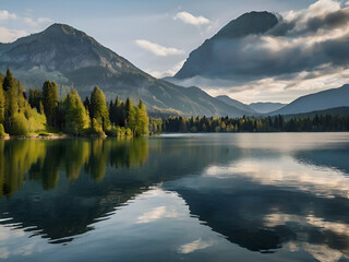 Fototapeta na wymiar A serene lakeside scene reflecting the surrounding trees and mountains.