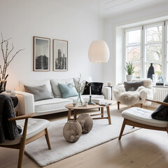 White sofa and armchairs, interior design of a modern living room