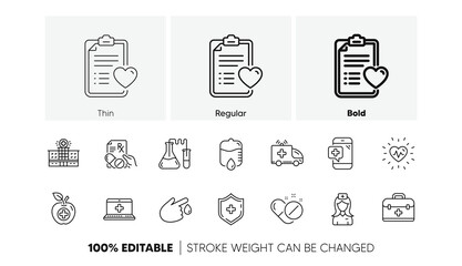 Fototapeta premium Hospital assistance, Health food diet and Laboratory. Medical line icons. Chemistry linear icon set. Line icons set. Vector