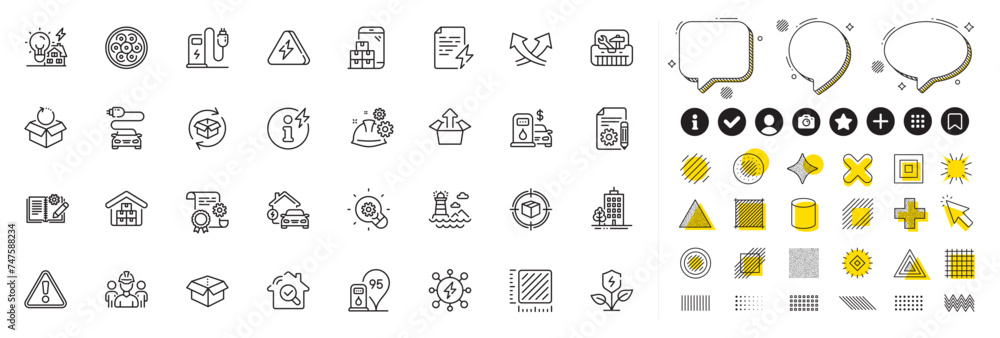 Poster set of inspect, intersection arrows and building energy line icons for web app. design elements, soc