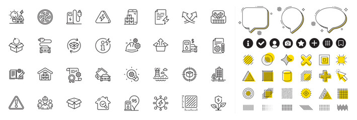 Set of Inspect, Intersection arrows and Building energy line icons for web app. Design elements, Social media icons. Skyscraper buildings, Lightning bolt, Power info icons. Vector