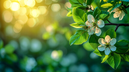 Blossoming branch of apple tree with green leaves on blurred background. 