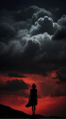 silhouette of a person standing on a rock, dark background y, vintage design