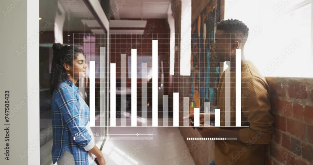 Poster animation of data processing and diagrams over diverse colleagues discussing work