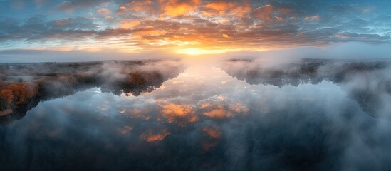 An aerial view of Lac de Saint Pardoux during an autumn sunrise, showcasing fog, clouds, and trees surrounding the picturesque lake.