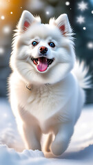 White spitz dog in full growth on winter forest background. Friendly Pet Animal Friendship Animal Feed Poster for Veterinary Clinic Grooming Studio. Vertical poster