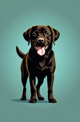 Labrador retriever dog in full growth on turquoise background isolated. Friendly Pet Animal Friendship Animal Feed Poster for Veterinary Clinic Grooming Studio.