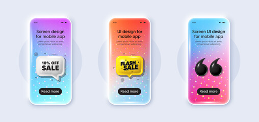 Phone 3d mockup gradient screen. Sale 10 percent off discount. Promotion price offer sign. Retail badge symbol. Sale phone mockup message. Flash sale chat speech bubble. Yellow text box app. Vector