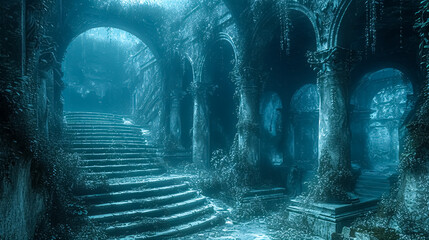 Mysterious dark corridor in the ancient temple. 3d rendering. 