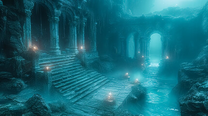 3d illustration of ancient cave city in the dark with light and smoke. 
