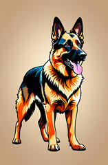 German Shepherd dog in full growth on beige background isolated. Friendly Pet Animal Friendship Animal Feed Poster for Veterinary Clinic Grooming Studio.