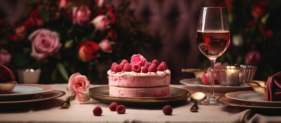 Naklejka na ściany i meble A table is elegantly set with a decadent cake topped with raspberries and a glass of wine. The scene exudes sophistication and trendy interior design, creating a luxurious dining ambiance.