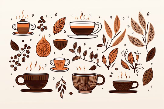 Coffee beans and coffee elements doodle line art illustration on white background