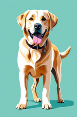 Labrador retriever dog in full growth on turquoise background isolated. Friendly Pet Animal Friendship Animal Feed Poster for Veterinary Clinic Grooming Studio.