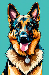 German Shepherd dog close up portrait on turquoise background isolated. Friendly Pet Animal Friendship Animal Feed Poster for Veterinary Clinic Grooming Studio.