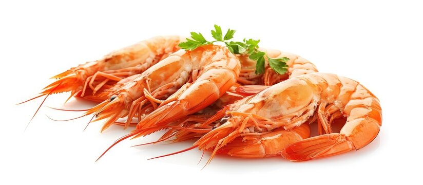 A pile of cooked shrimp, captured on a white background, presenting a clean and refreshing image.