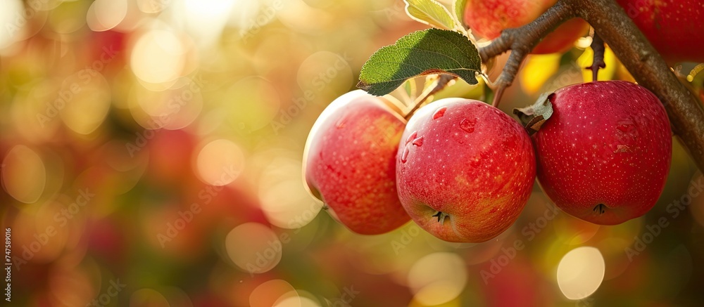Poster a cluster of ripe red apples hangs from the branches of a tree during the autumn season.