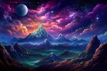 a colorful landscape with mountains and moon