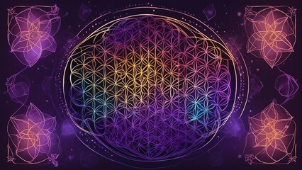 abstract background with circles A flower of life illustration with a chakra and colorful style. The illustration has a dark purple  