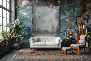 Living room interior filled with various furniture pieces and a framed painting hanging on the wall, mockup