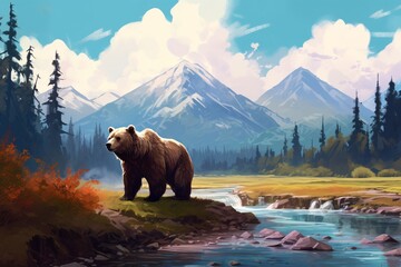 a bear standing on a rocky bank of a river - obrazy, fototapety, plakaty