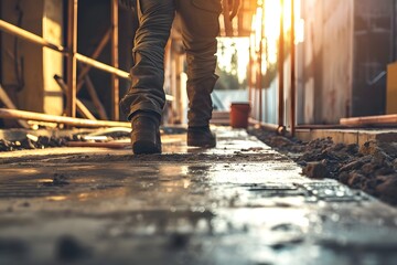Construction Worker Walking at Sunset on Job Site