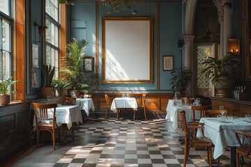 A dining room featuring a checkered floor and expansive windows, creating a bright and spacious atmosphere, mockup