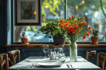 Fototapeta na wymiar A table adorned with a vase filled with colorful flowers, set in a mockup of a fancy restaurant