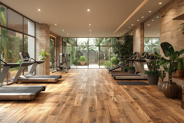 A room filled with various exercise equipment such as treadmills, weights, and yoga mats - obrazy, fototapety, plakaty