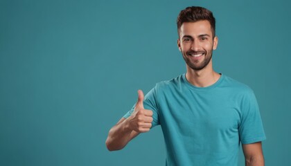 A bearded man in a turquoise tee smiles and gives a thumbs up, radiating a casual vibe. - obrazy, fototapety, plakaty