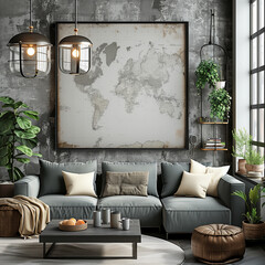 A living room featuring a gray couch and a map hanging on the wall, mockup