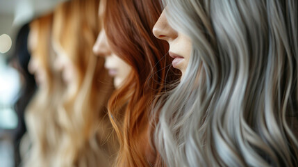 girl model haircolor , showing color from dark to blonde shades , hairdye, haircolor,  - obrazy, fototapety, plakaty