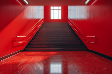 A red staircase leading up alongside a red wall with a window at the top - Powered by Adobe